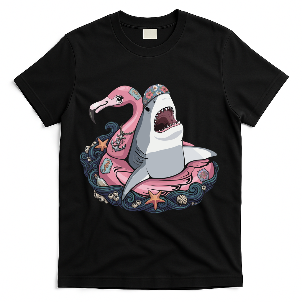 Beach Gone Wild Flamingo Shark T-Shirt - Black