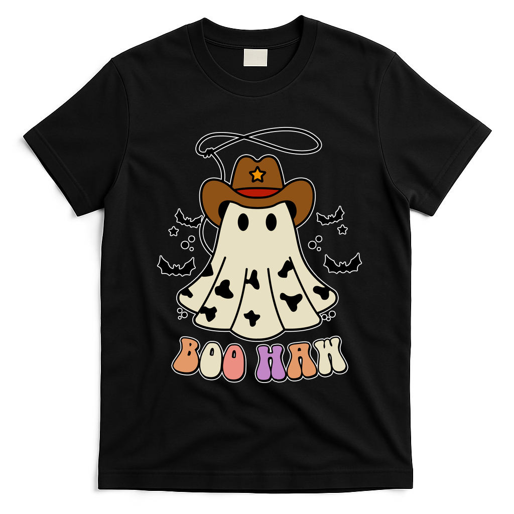 Boo Haw Ghost Western Cowboy Cowgirl Halloween T-Shirt - Black