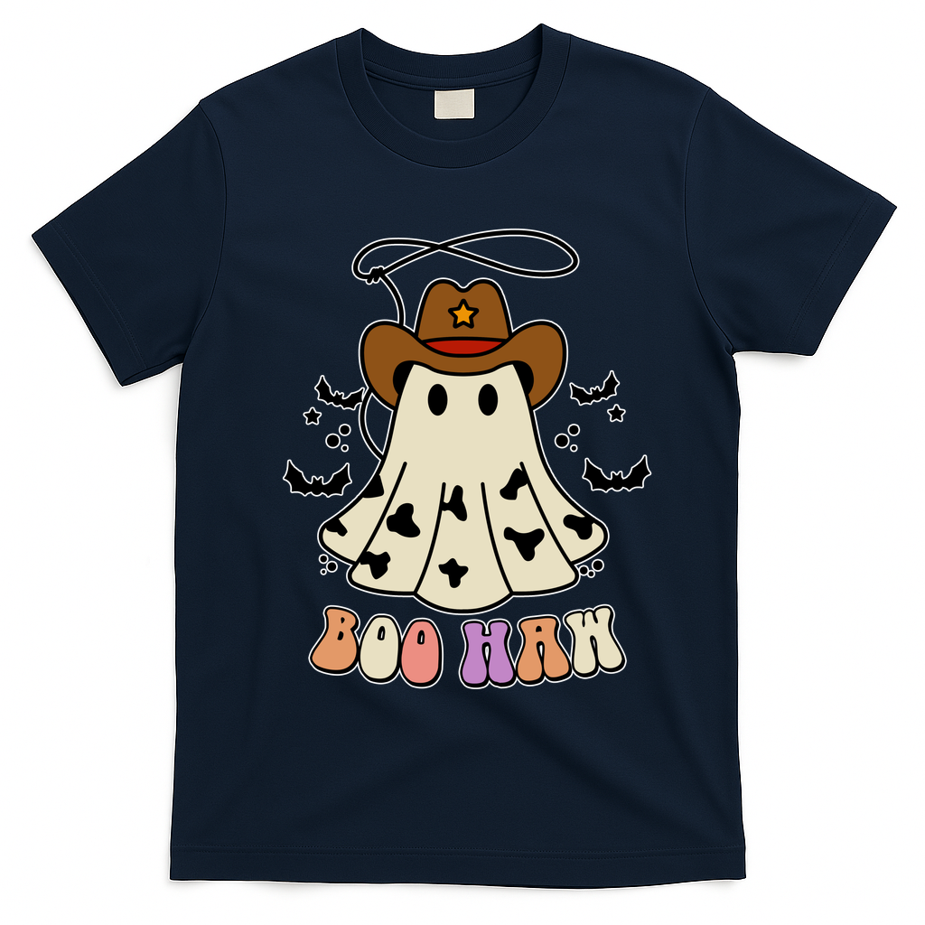 Boo Haw Ghost Western Cowboy Cowgirl Halloween T-Shirt - Navy Blue