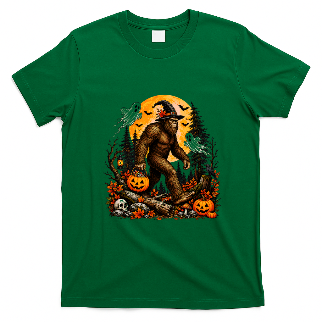 Bigfoot Halloween Pumpkins And Ghosts Sasquatch T-Shirt - Irish Green