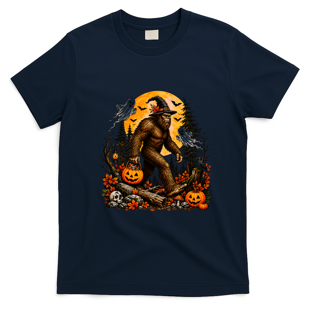 Bigfoot Halloween Pumpkins And Ghosts Sasquatch T-Shirt - Navy Blue