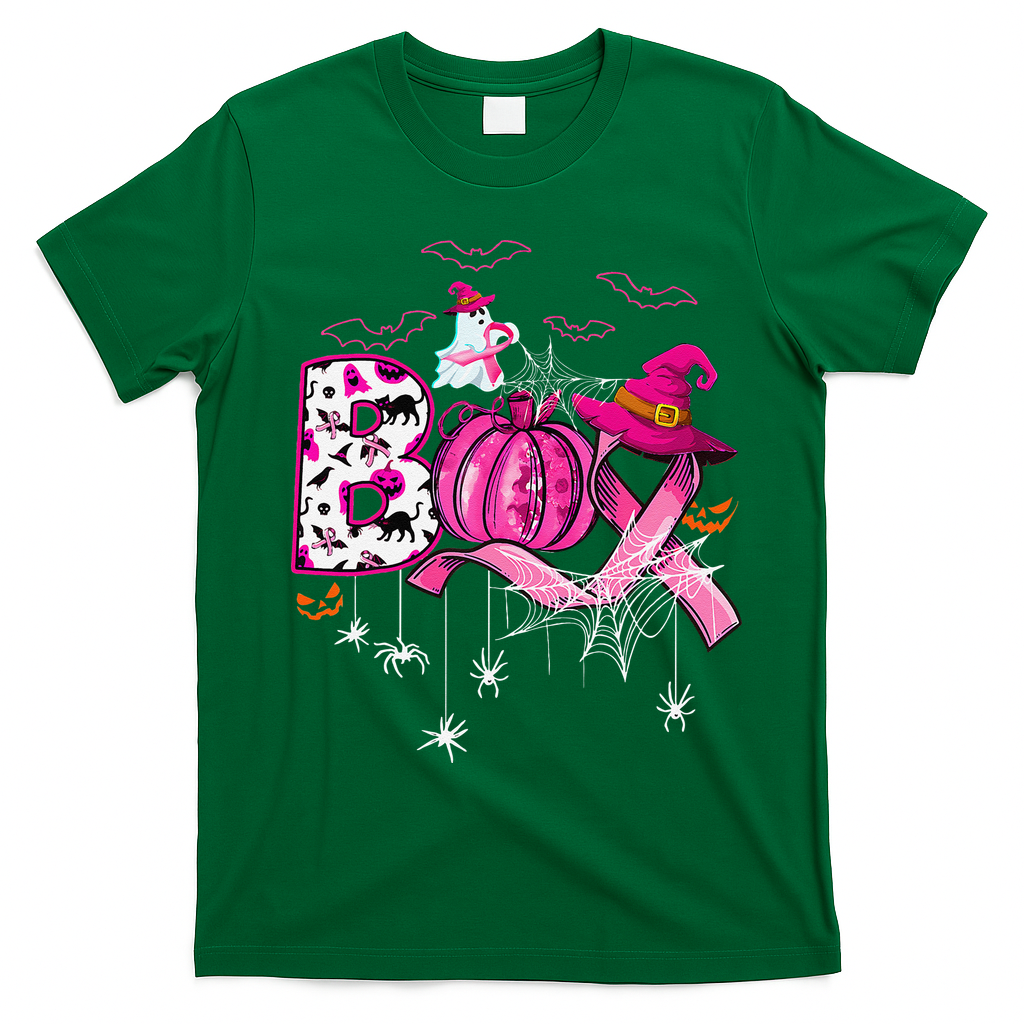 Boo Halloween Pumpkin P.Ink Ribbon Witch Breast Cancer Gift T-Shirt - Irish Green