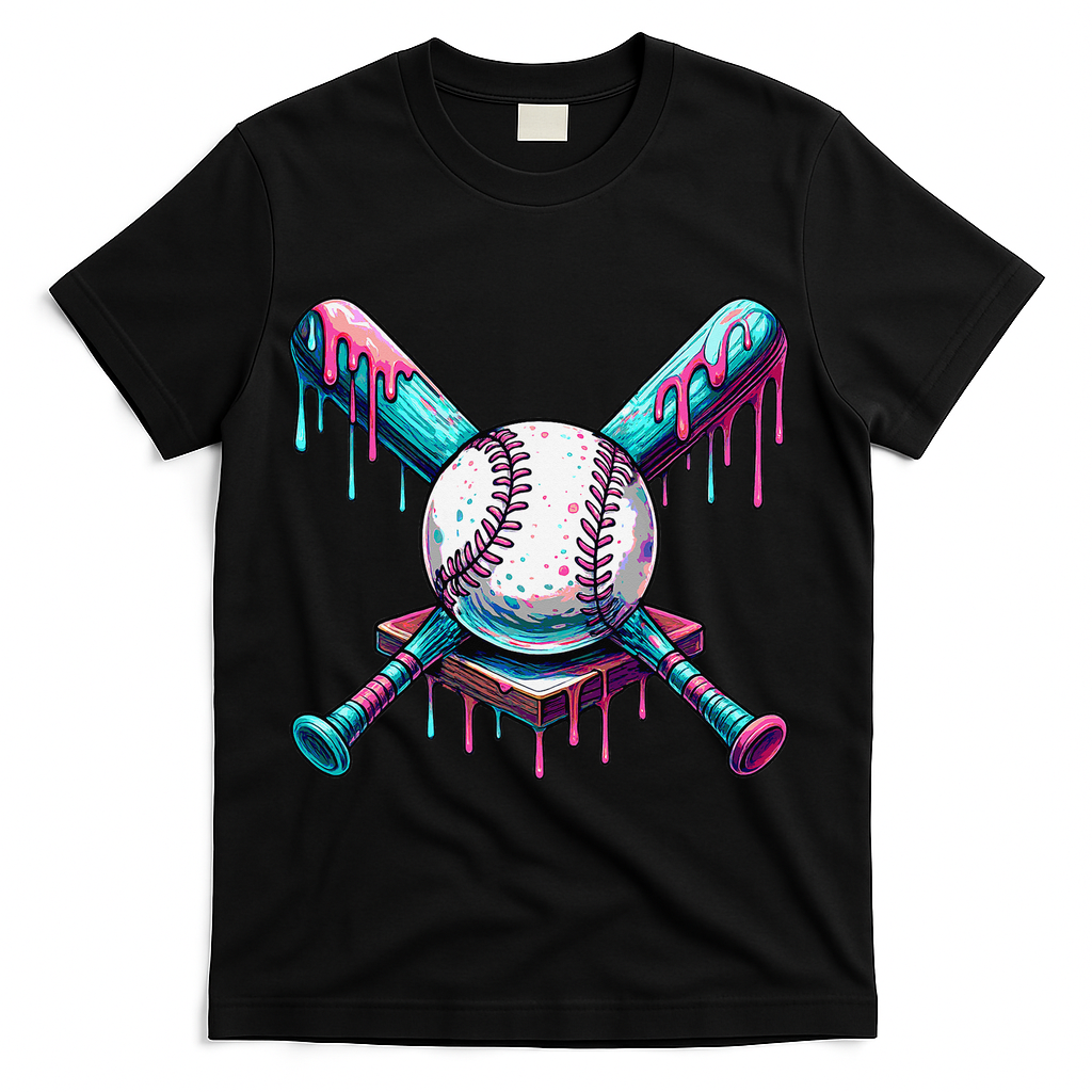 Baseball Ice Cream Drip Baseball T-Shirt - Black