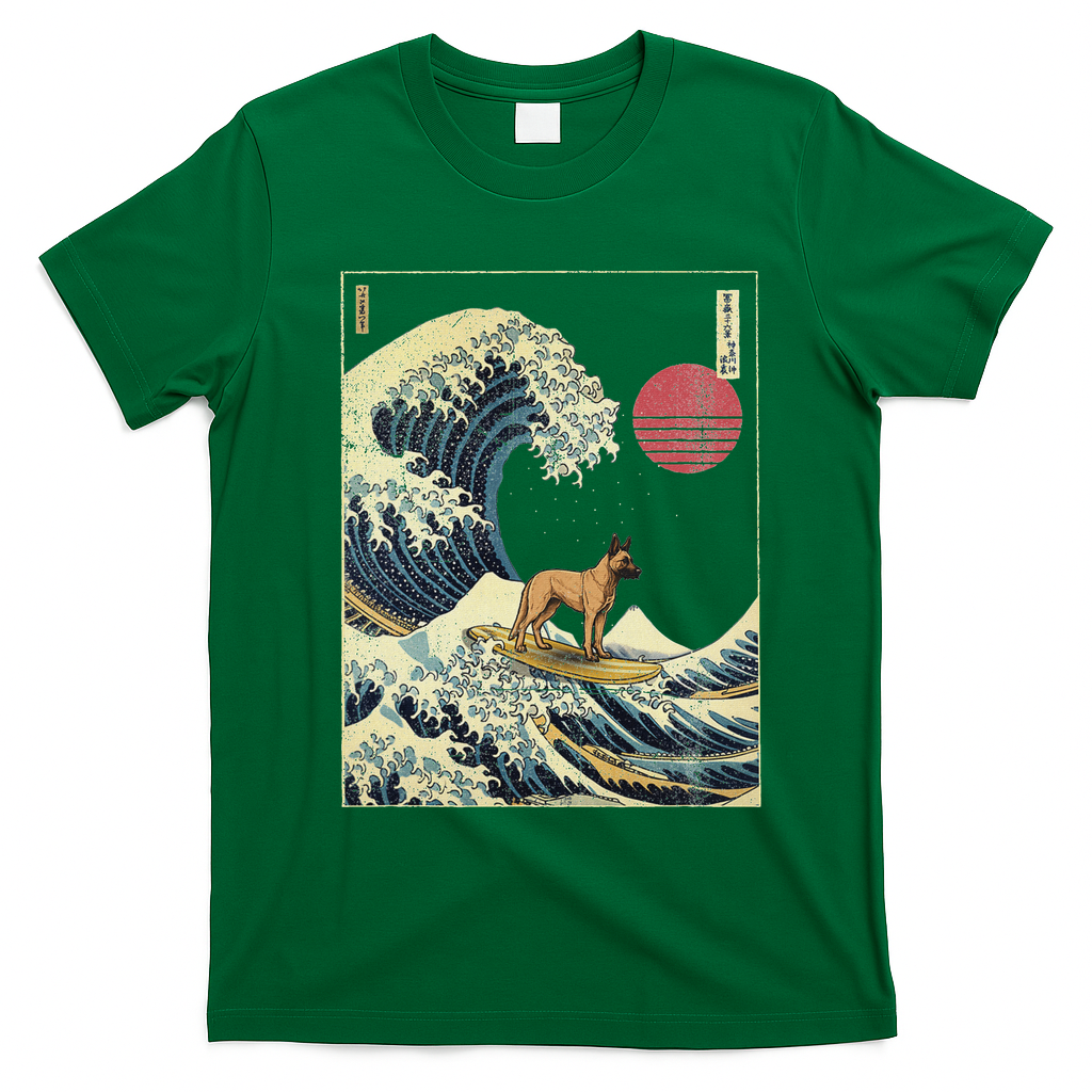 Belgian Malinois Japanese Kanagawa Wave Funny Surf Dog T-Shirt - Irish Green