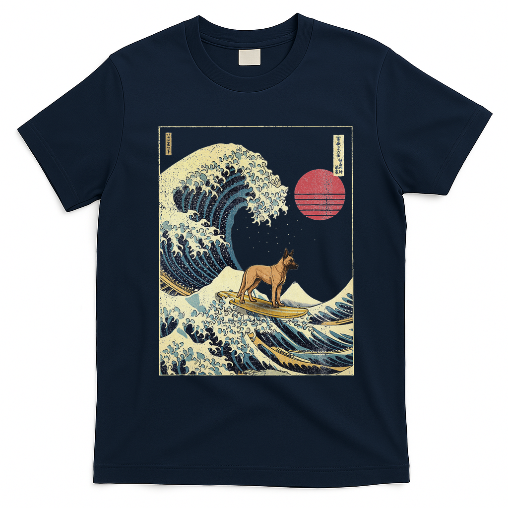 Belgian Malinois Japanese Kanagawa Wave Funny Surf Dog T-Shirt - Navy Blue