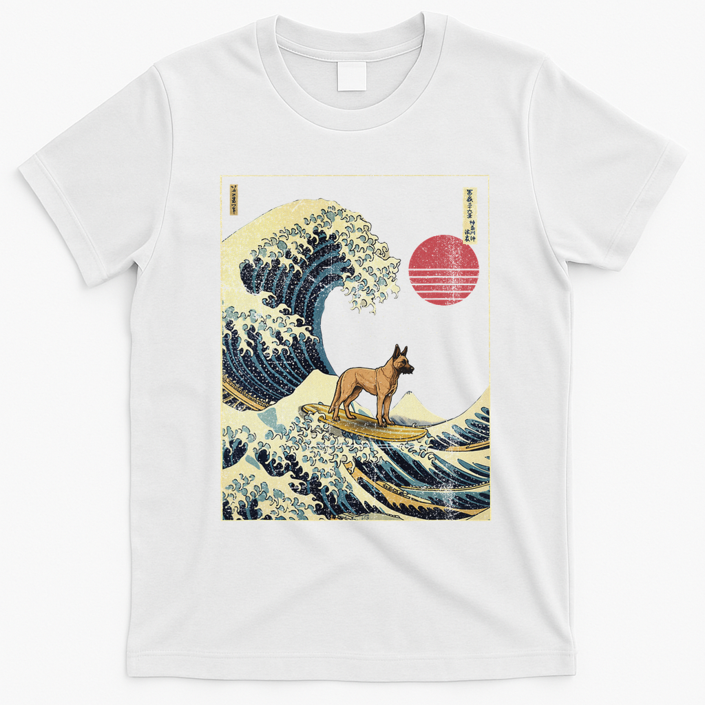 Belgian Malinois Japanese Kanagawa Wave Funny Surf Dog T-Shirt - White