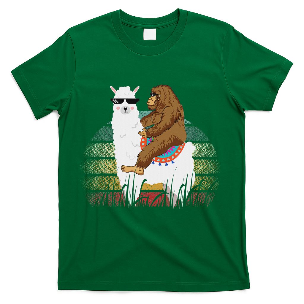 Bigfoot Riding Llama Sasquatch Retro T-Shirt - Green