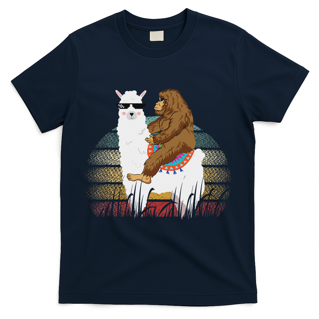 Bigfoot Riding Llama Sasquatch Retro T-Shirt - Navy