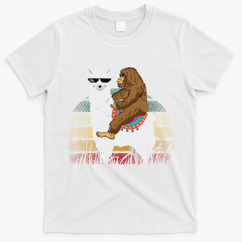 Bigfoot Riding Llama Sasquatch Retro T-Shirt - White