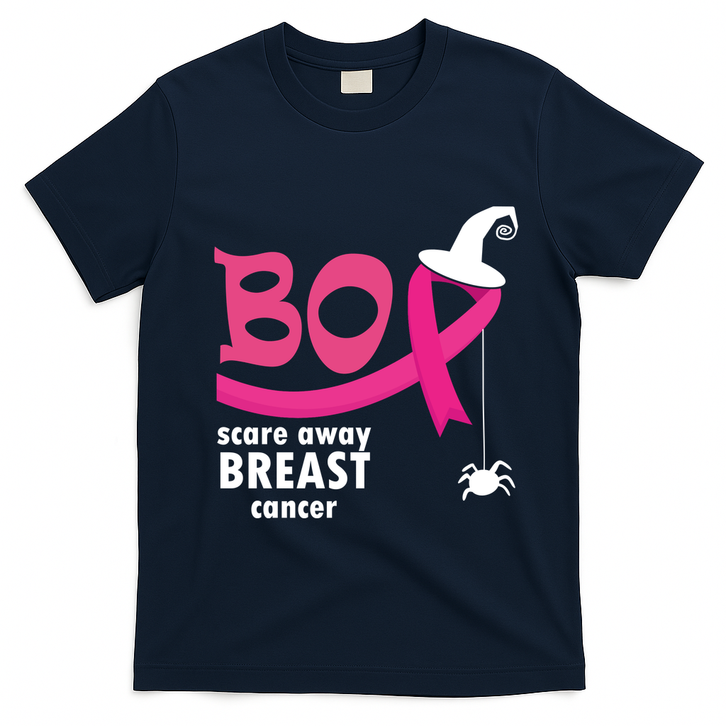 Boo Scare Away Breast Cancer Awareness Spooky T-Shirt - Navy Blue