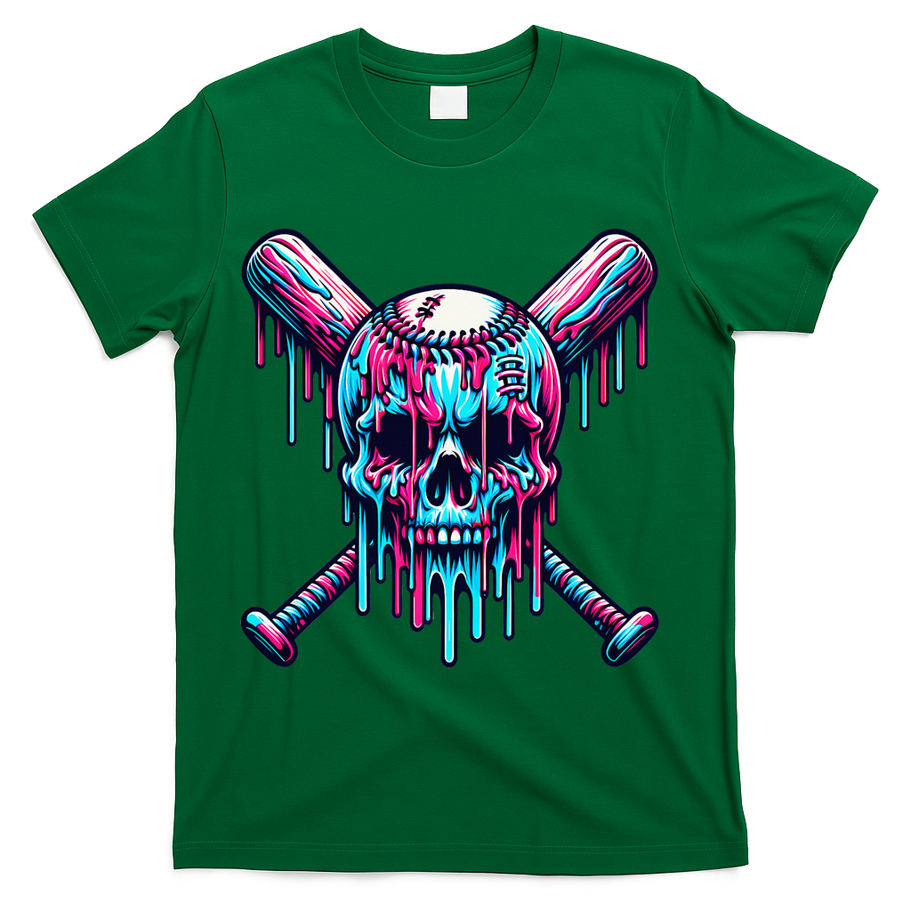 Baseball Skull Drip Baseball Drip Baseball Ice Cream Drip T-Shirt - Green