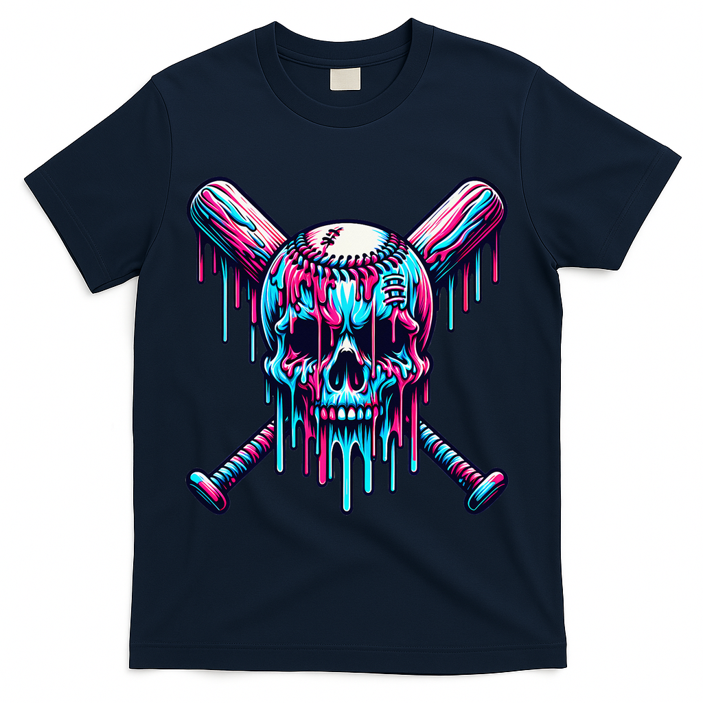 Baseball Skull Drip Baseball Drip Baseball Ice Cream Drip T-Shirt - Navy