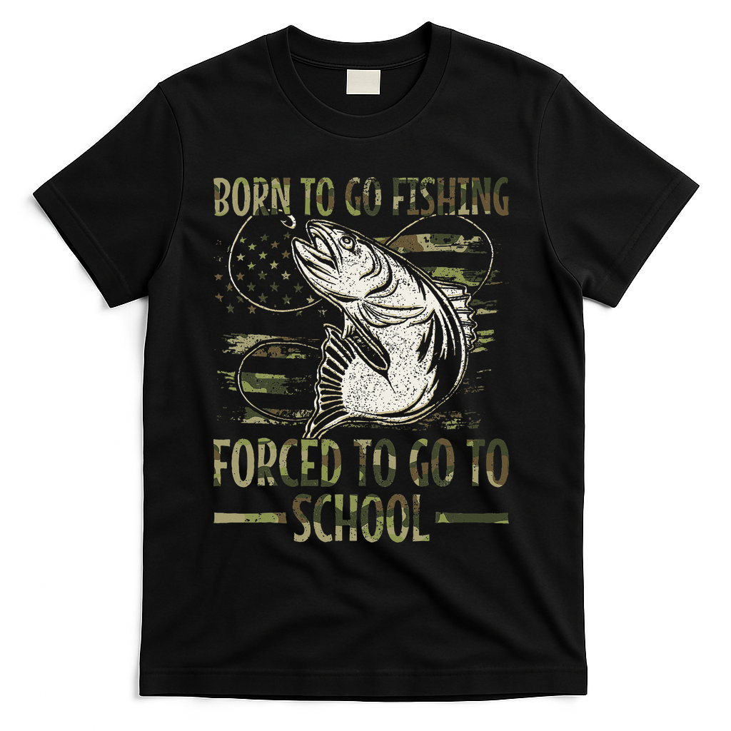Born To Go Fishing Forced To Go To School Camo Us Flag T-Shirt - Black