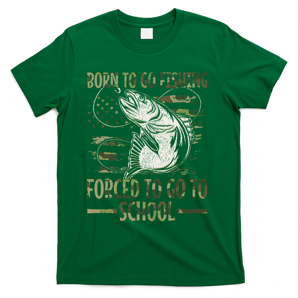 Born To Go Fishing Forced To Go To School Camo Us Flag T-Shirt - Green