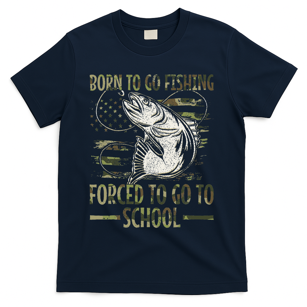 Born To Go Fishing Forced To Go To School Camo Us Flag T-Shirt - Navy