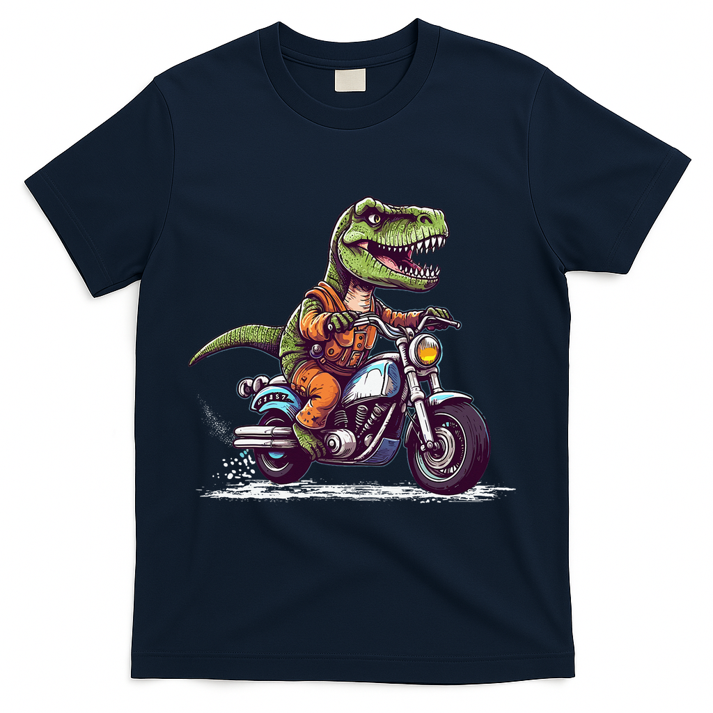 Biker T Rex On Motor Bike Dinosaur T Rex Riding Motorcycle T-Shirt - Navy