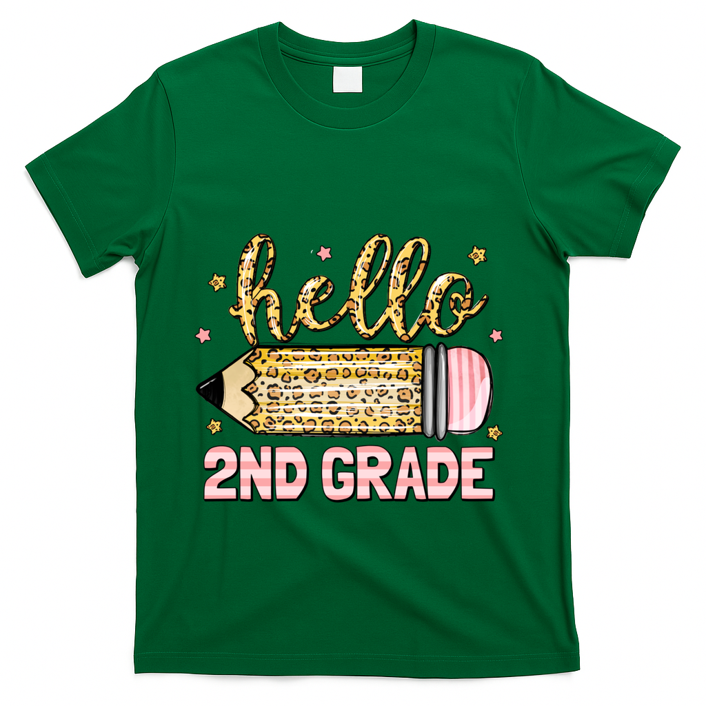 Back To School Hello Second 2nd Grade Leopard Pencil Girl T-Shirt - Green