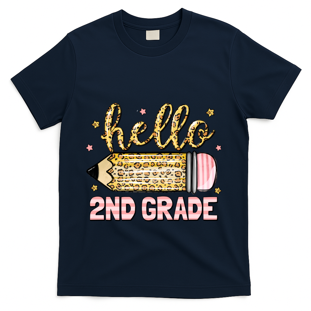 Back To School Hello Second 2nd Grade Leopard Pencil Girl T-Shirt - Navy