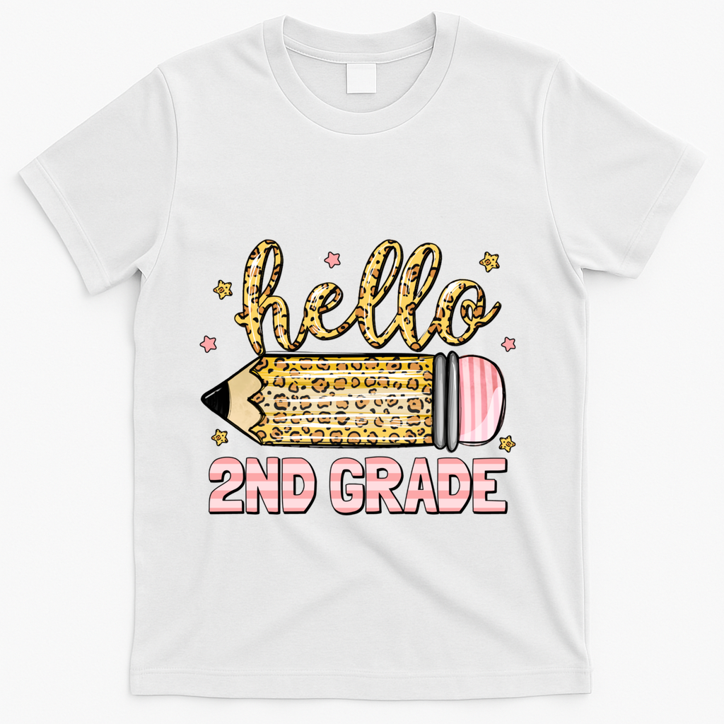 Back To School Hello Second 2nd Grade Leopard Pencil Girl T-Shirt - White