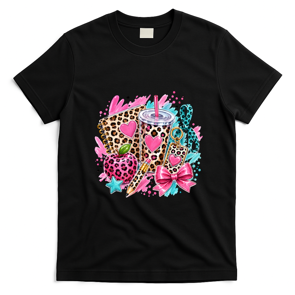 Back To School Leopard Print Cute School Supplies T-Shirt - Black