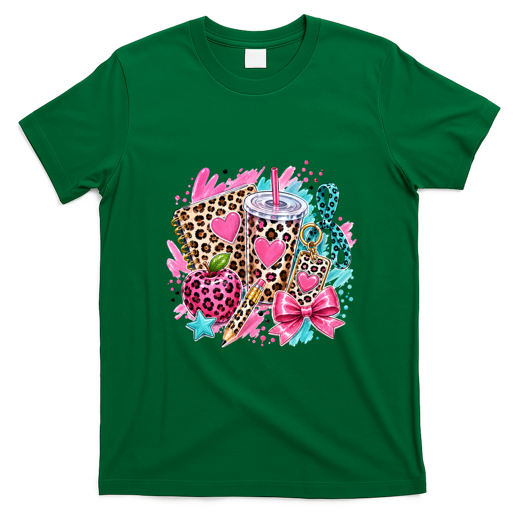 Back To School Leopard Print Cute School Supplies T-Shirt - Irish Green
