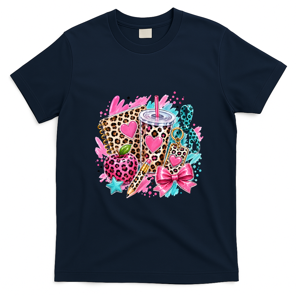 Back To School Leopard Print Cute School Supplies T-Shirt - Navy Blue