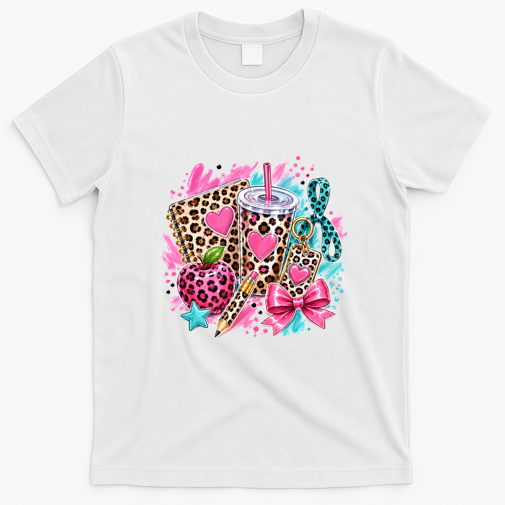 Back To School Leopard Print Cute School Supplies T-Shirt - White