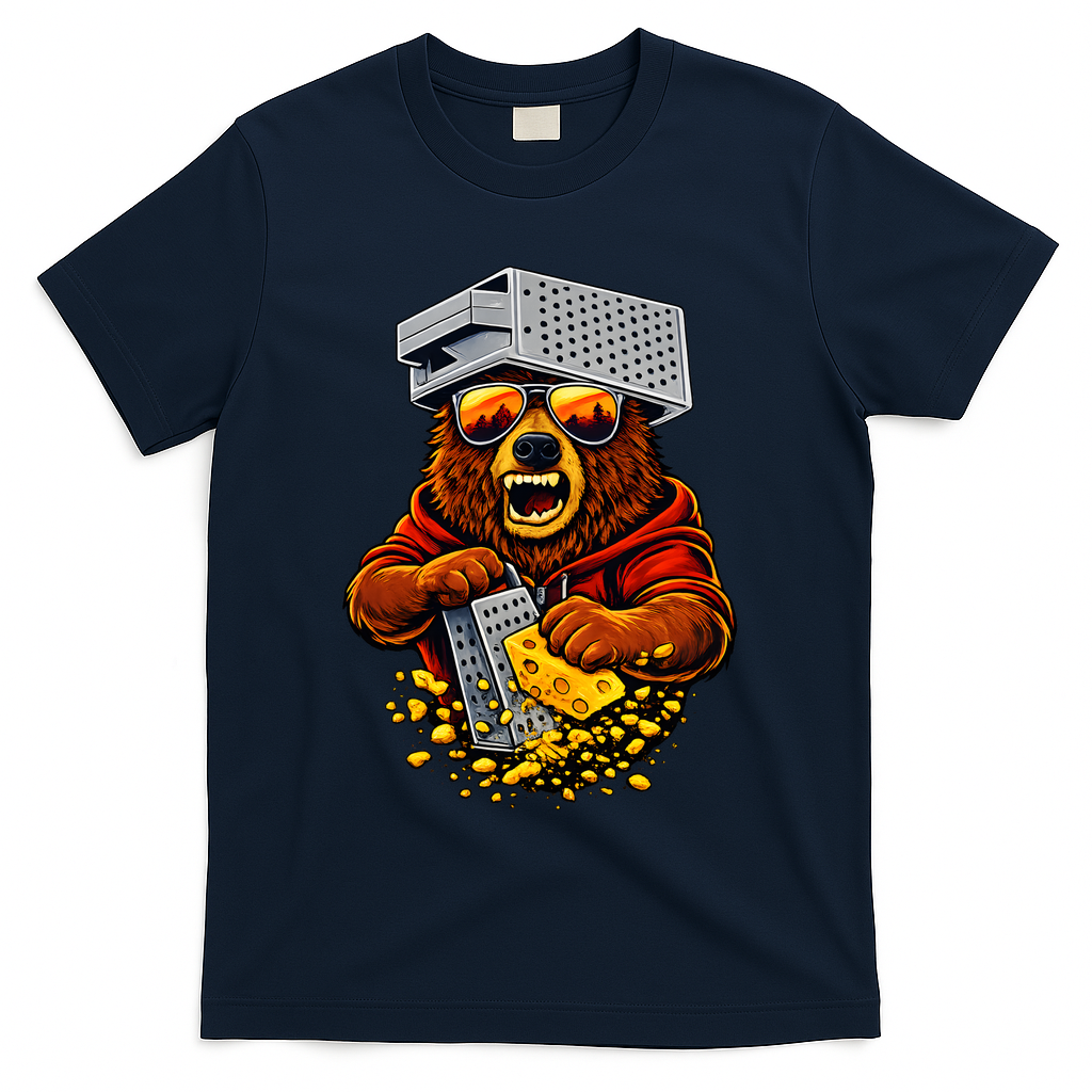 Bear With Cheese Grater Hat And Sunglasses T-Shirt - Navy