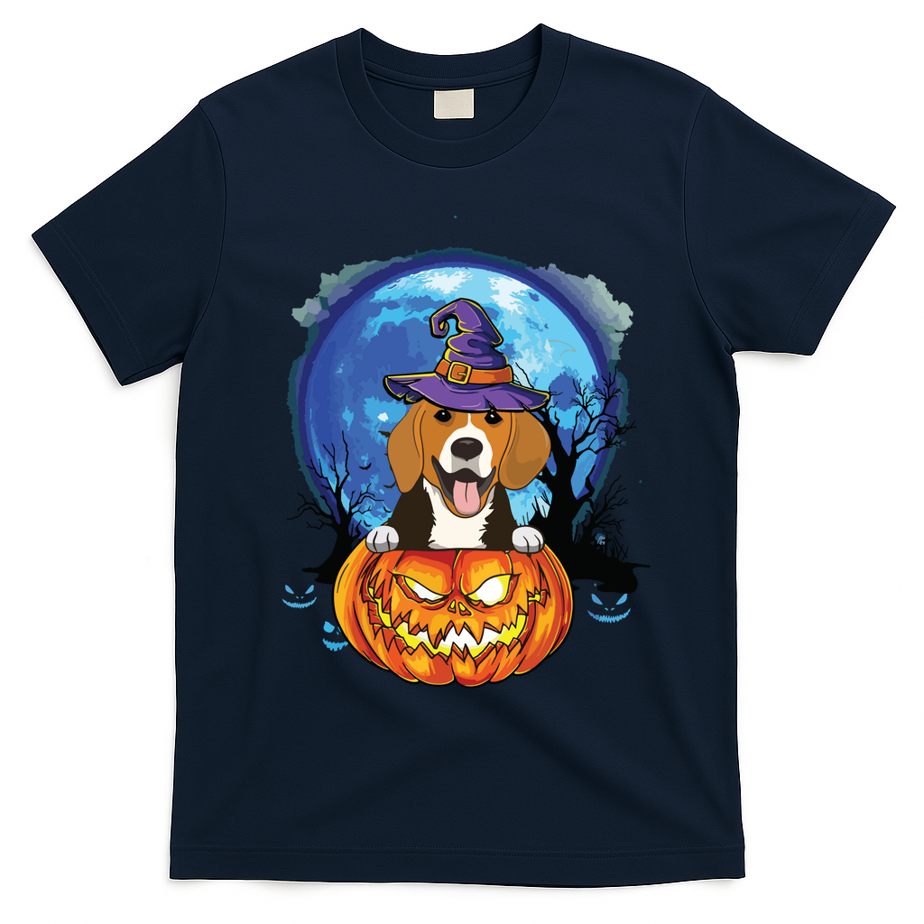 Beagle Witch Hat Pumpkin Scary Halloween Dog Lovers T-Shirt - Navy Blue