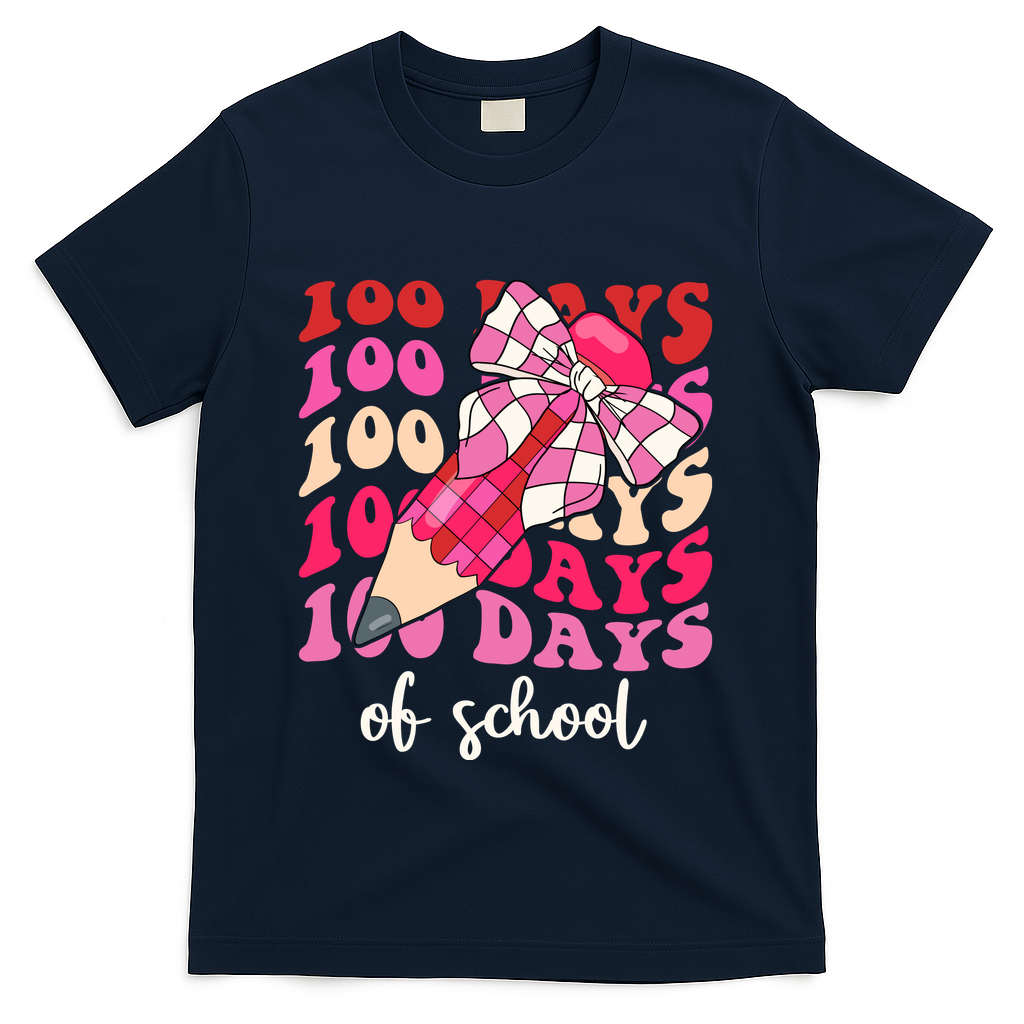 Cute 100 Days Of School Ribbon Bow T-Shirt - Navy