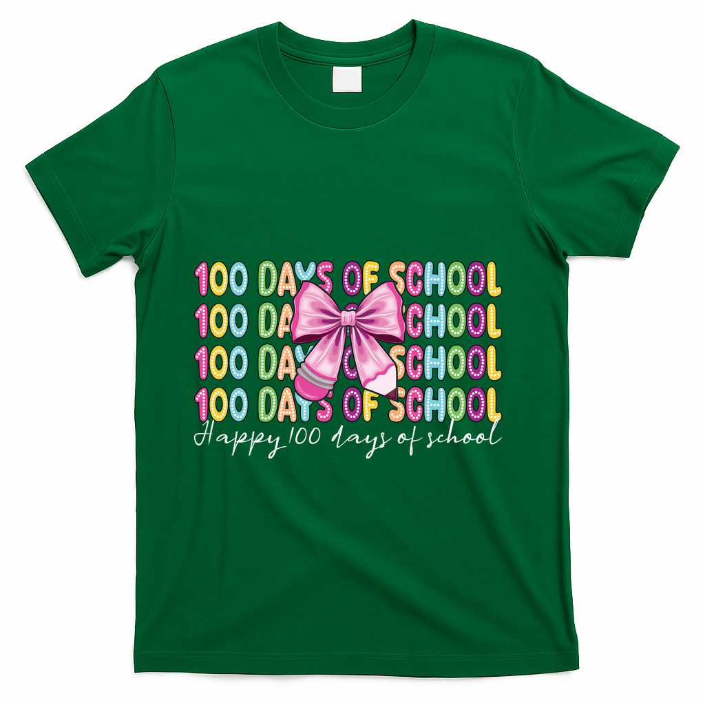 Cute 100 Days Of School Coquette Bow Pencil T-Shirt - Green