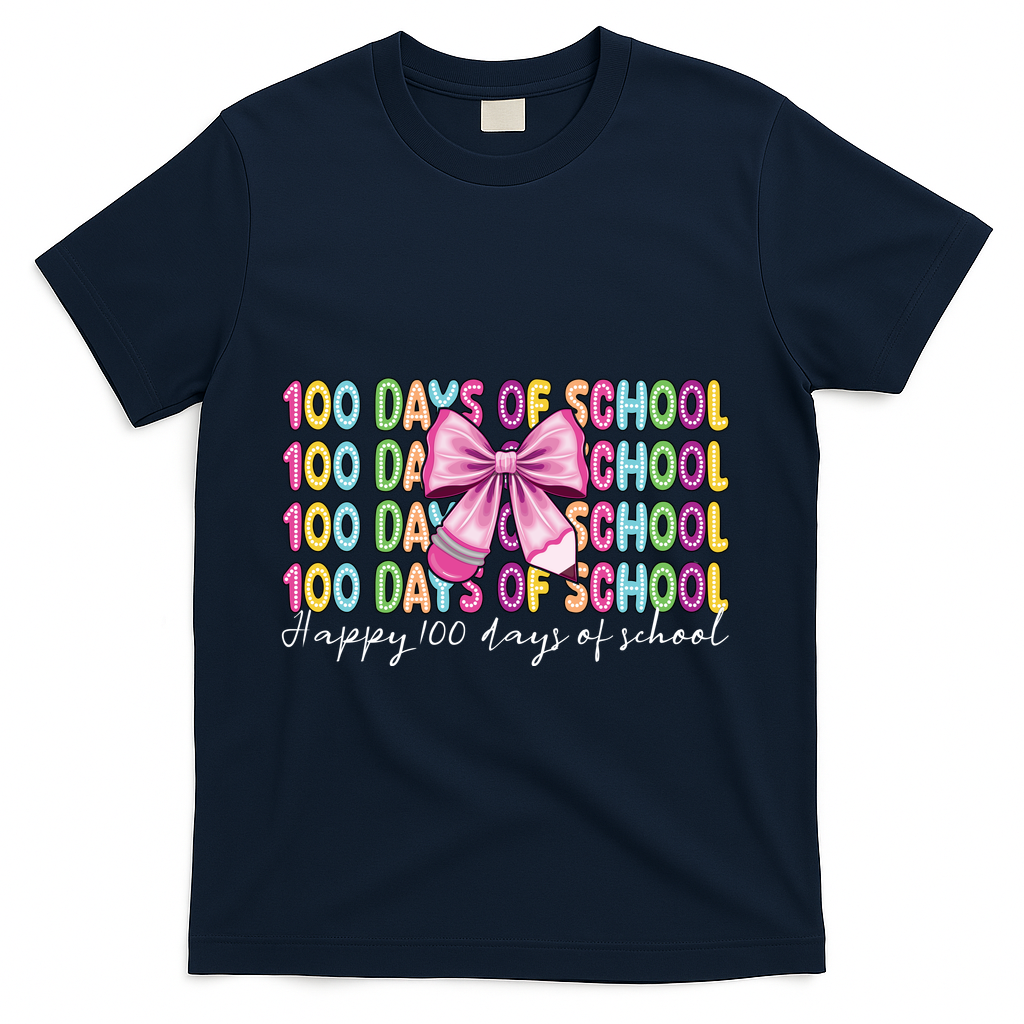 Cute 100 Days Of School Coquette Bow Pencil T-Shirt - Navy