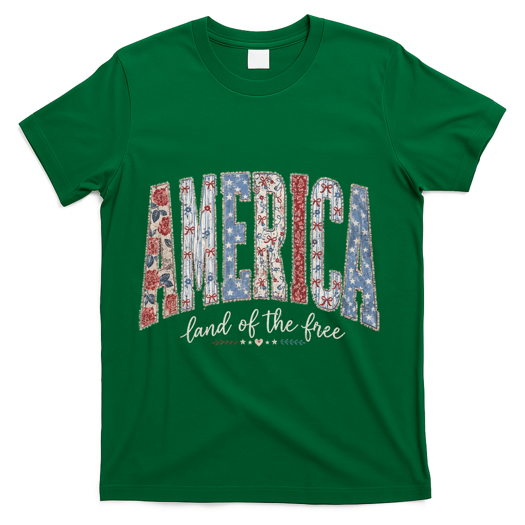Cute America Land Of The Free Patchwork Varsity Style T-Shirt - Green