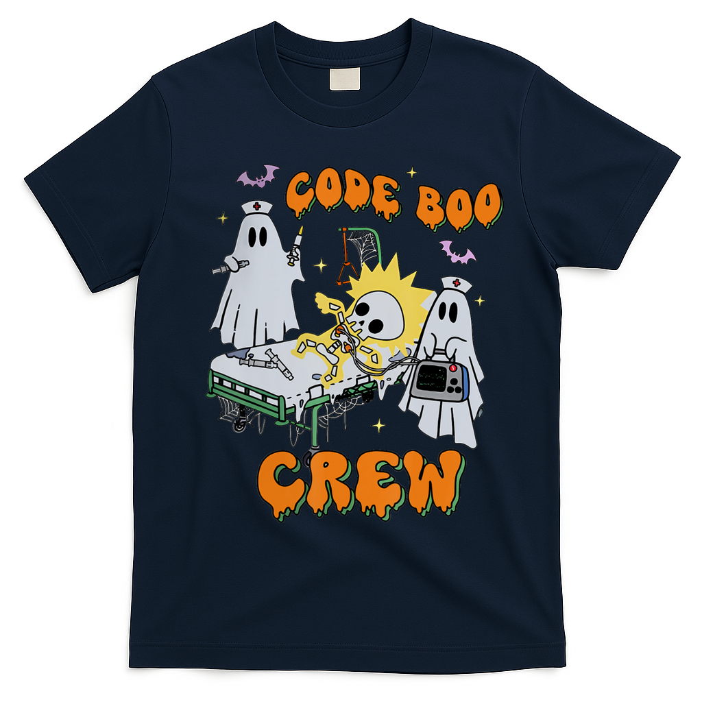 Code Boo Crew Funny Ghost Nurse Halloween Costume T-Shirt - Navy Blue