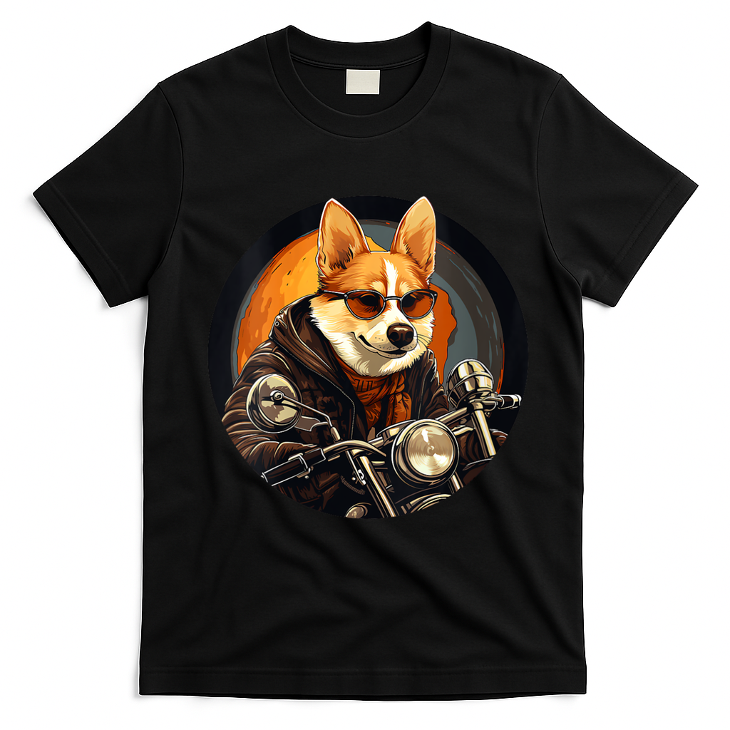 Corgi Biker Funny Dog Motorcycle VNeck T-Shirt - Black