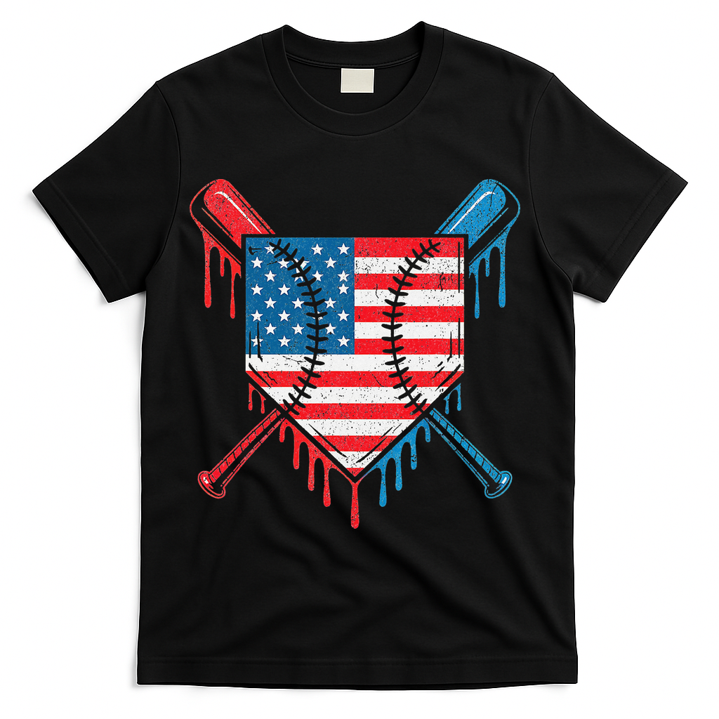 Cool Baseball Home Plate Drip Patriotic 4th Of July T-Shirt - Black