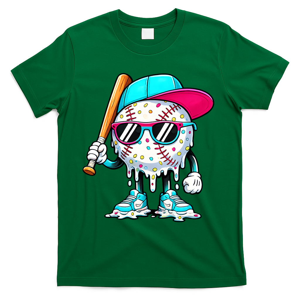 Cool Baseball Life Style Ice Cream Melting Drip Graphic T-Shirt - Green