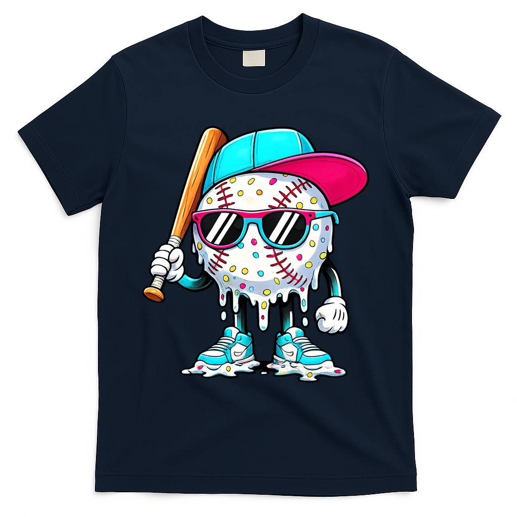 Cool Baseball Life Style Ice Cream Melting Drip Graphic T-Shirt - Navy