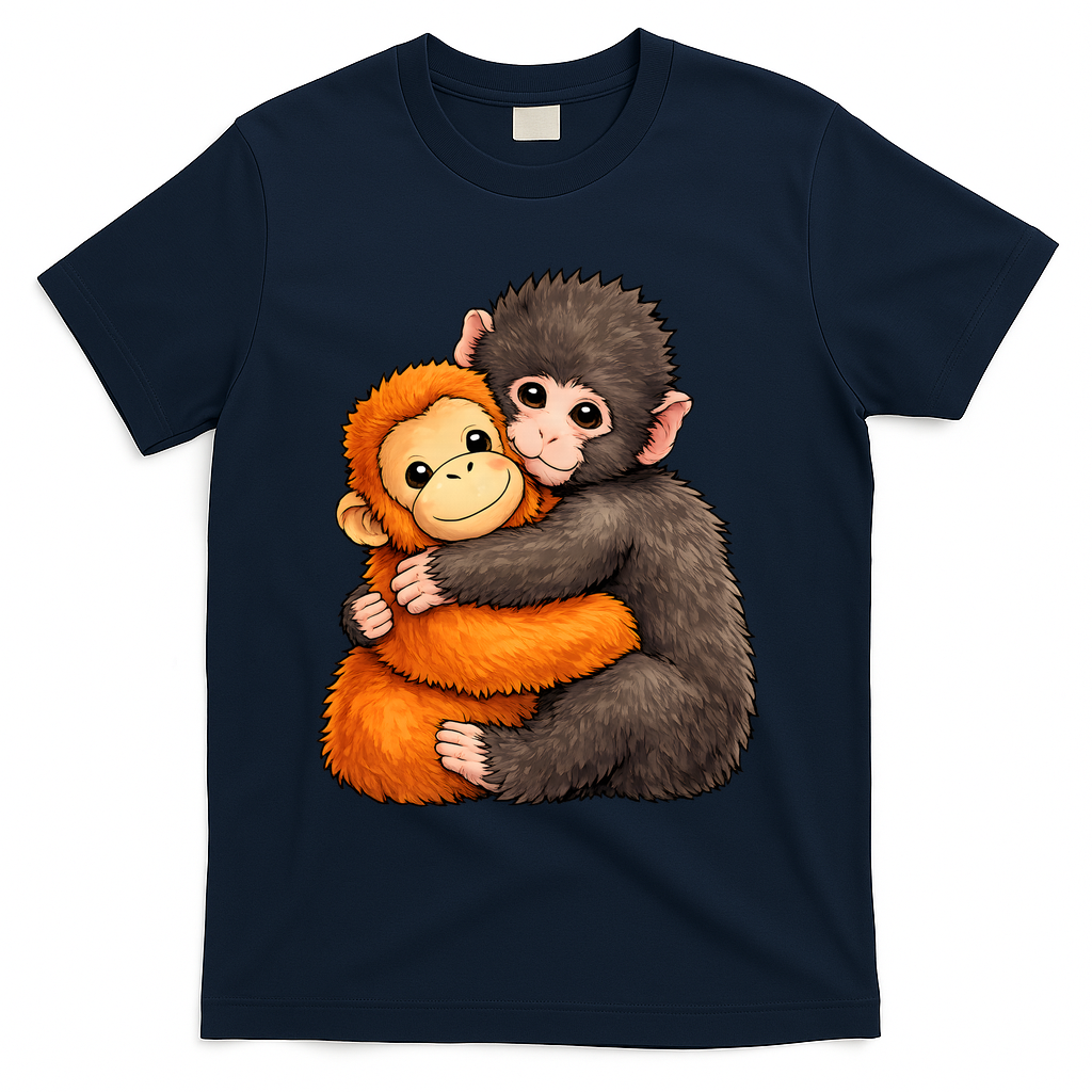 Cute Baby Monkey Punch Plush Hugging T-Shirt - Navy