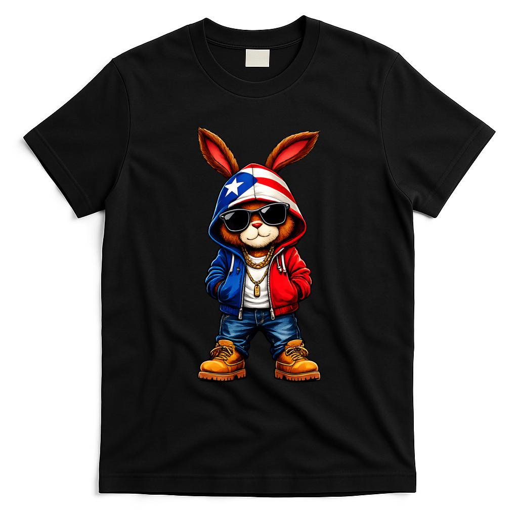 Cool Bunny Puerto Rican Flag Vibes Boricua  T-Shirt - Black