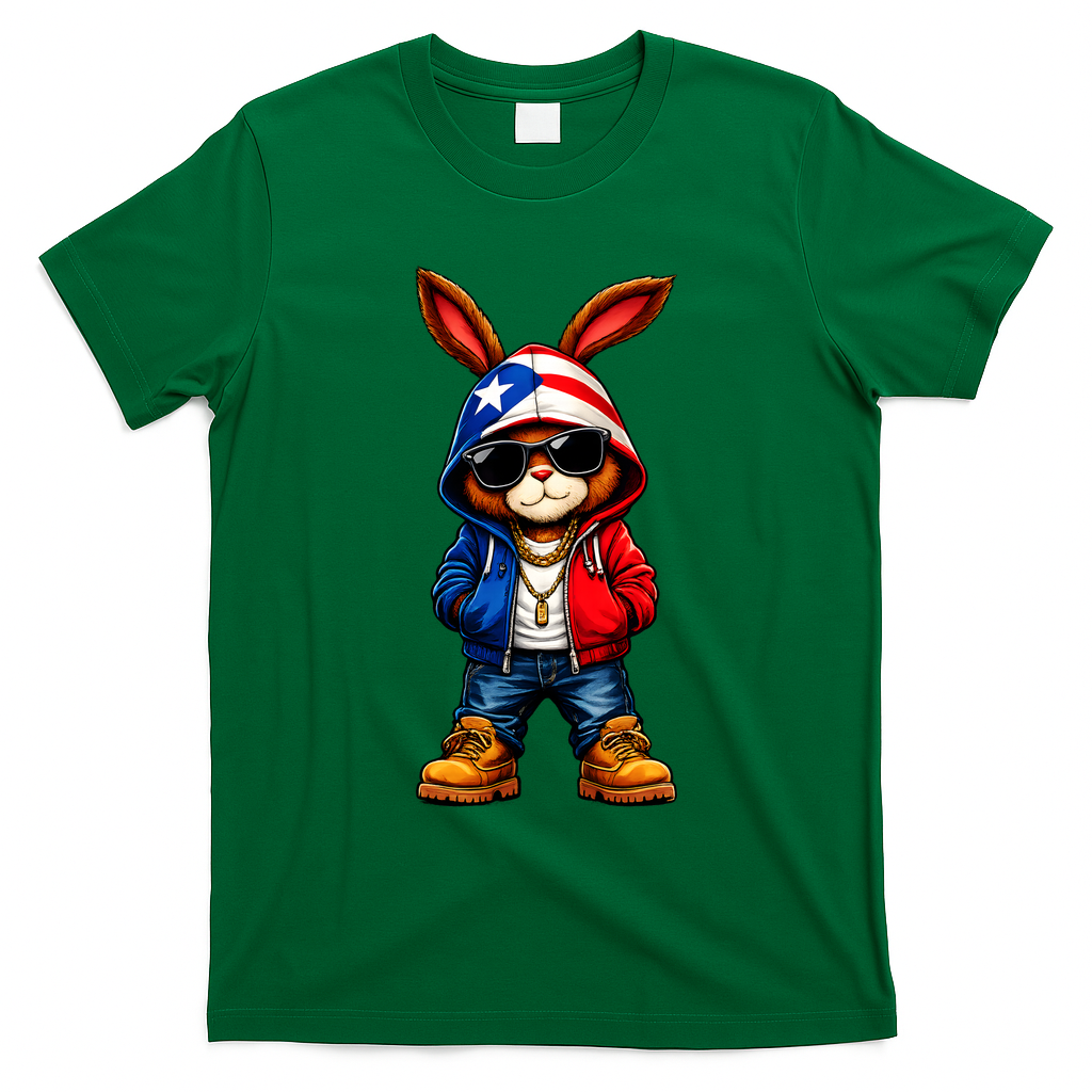 Cool Bunny Puerto Rican Flag Vibes Boricua  T-Shirt - Green