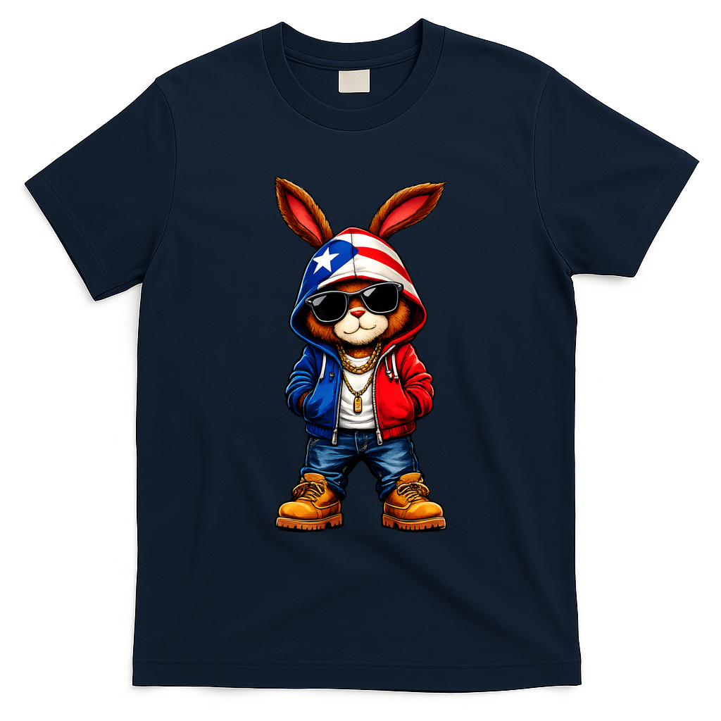 Cool Bunny Puerto Rican Flag Vibes Boricua  T-Shirt - Navy