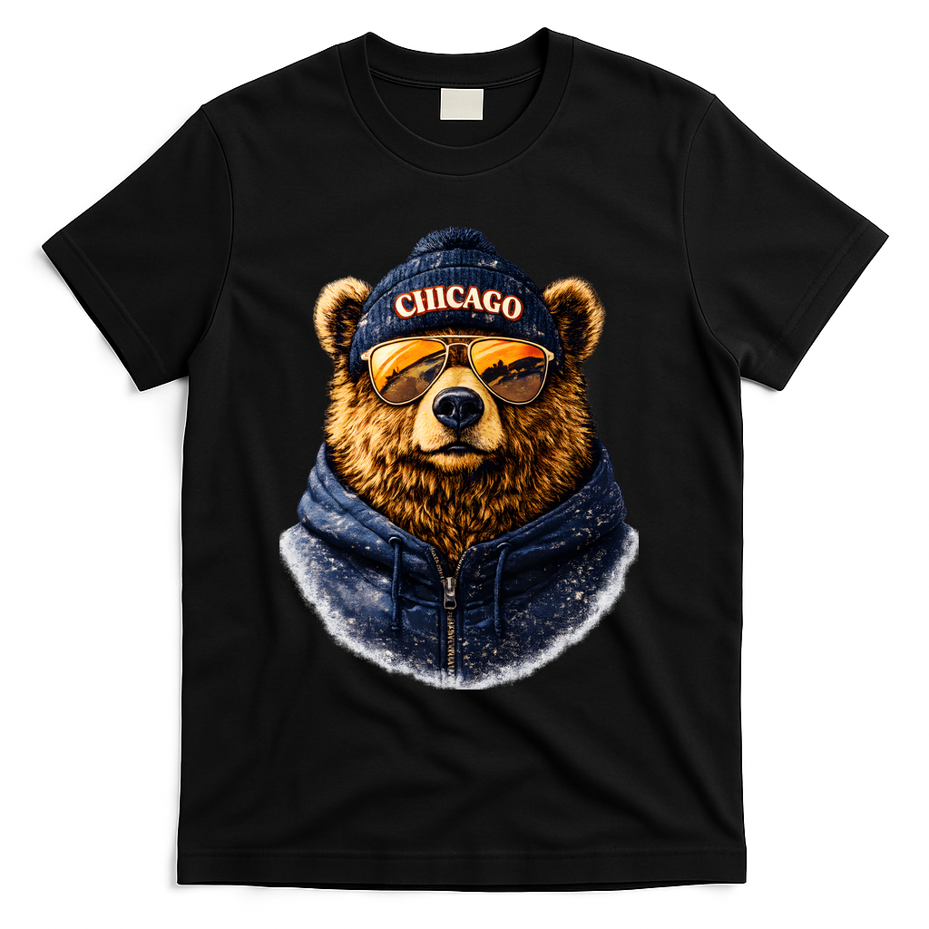Cool Bear With Beanie Sunglasses Vintage Chicago T-Shirt - Black