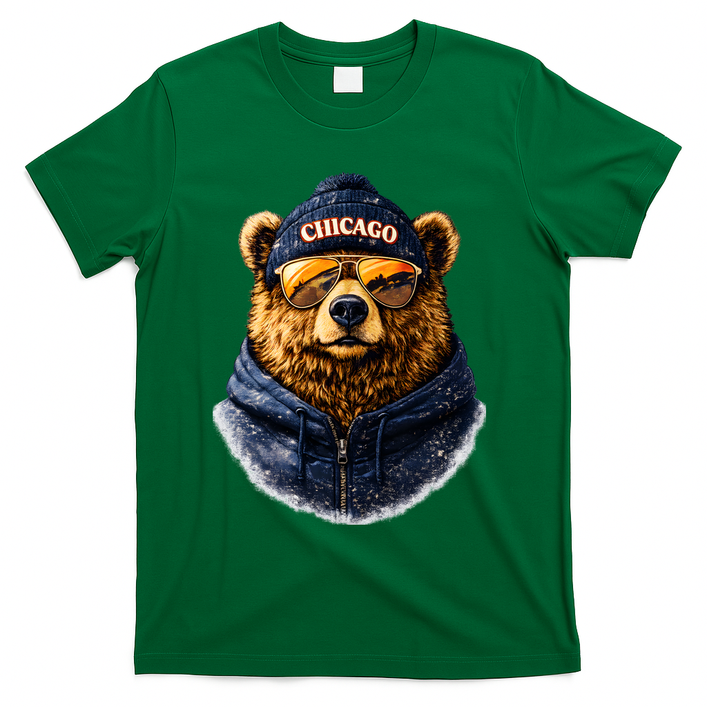 Cool Bear With Beanie Sunglasses Vintage Chicago T-Shirt - Green