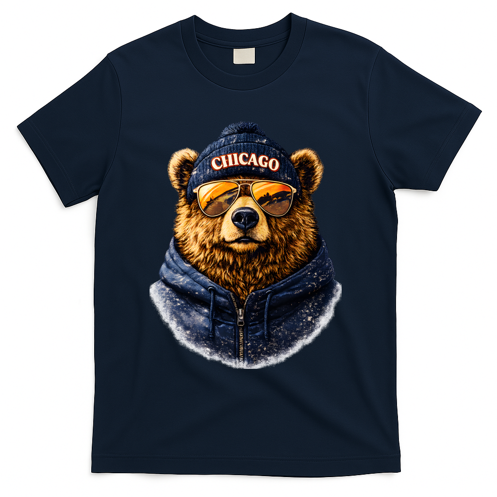 Cool Bear With Beanie Sunglasses Vintage Chicago T-Shirt - Navy