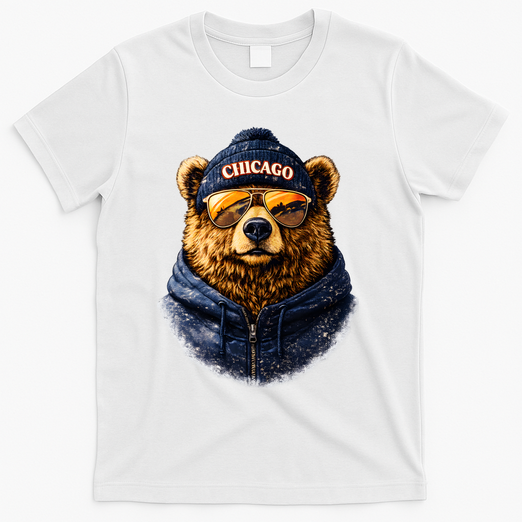 Cool Bear With Beanie Sunglasses Vintage Chicago T-Shirt - White