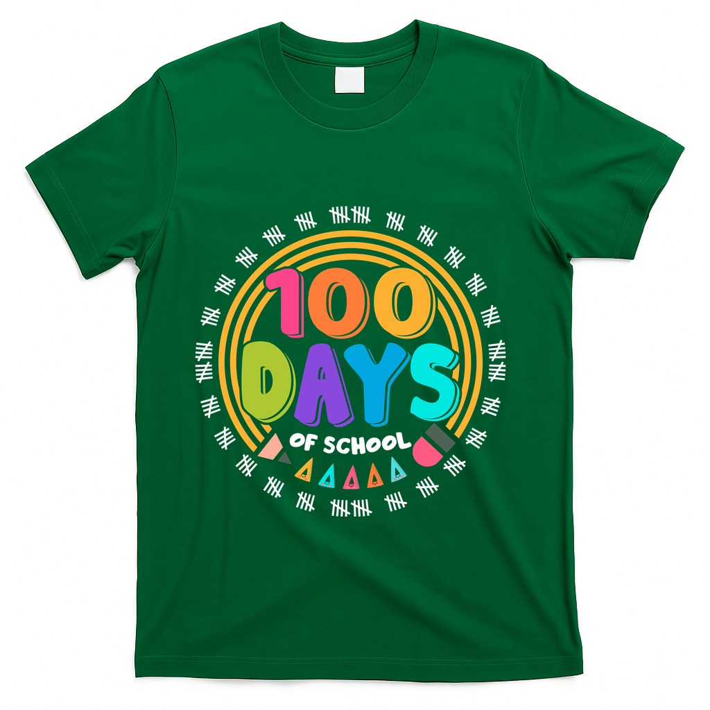 Cute Cool 100 Days Of School Pencil Emblem T-Shirt - Green