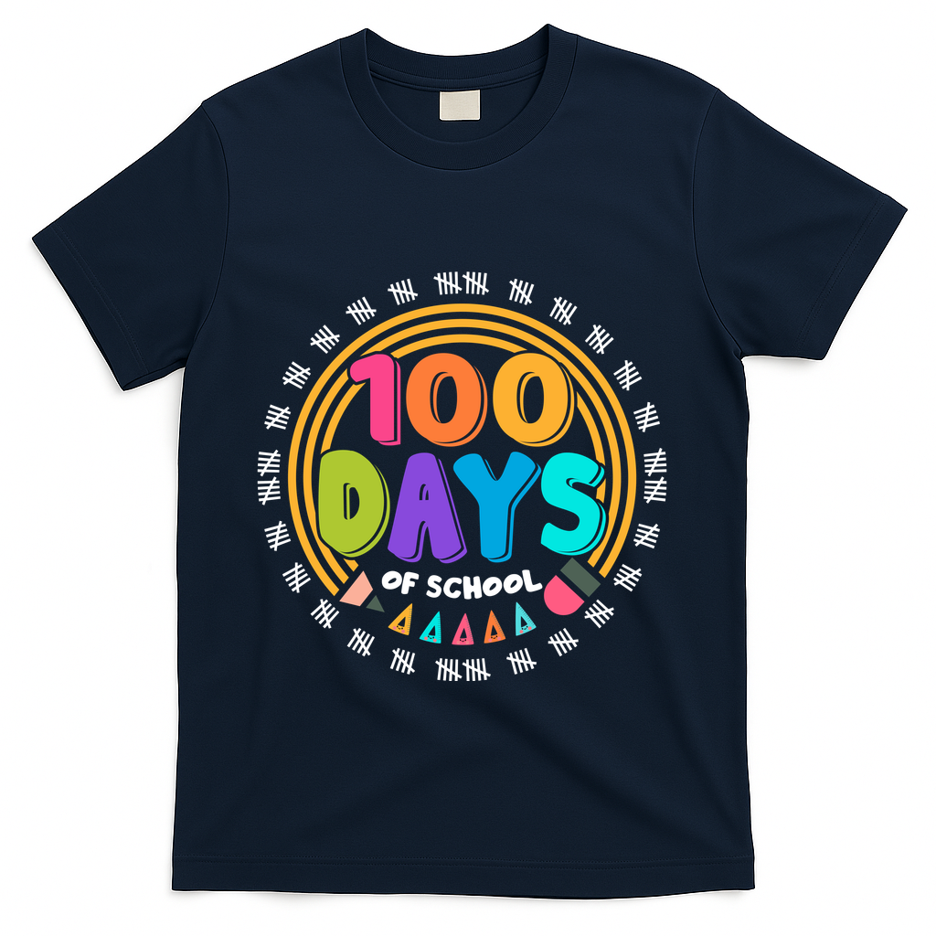 Cute Cool 100 Days Of School Pencil Emblem T-Shirt - Navy