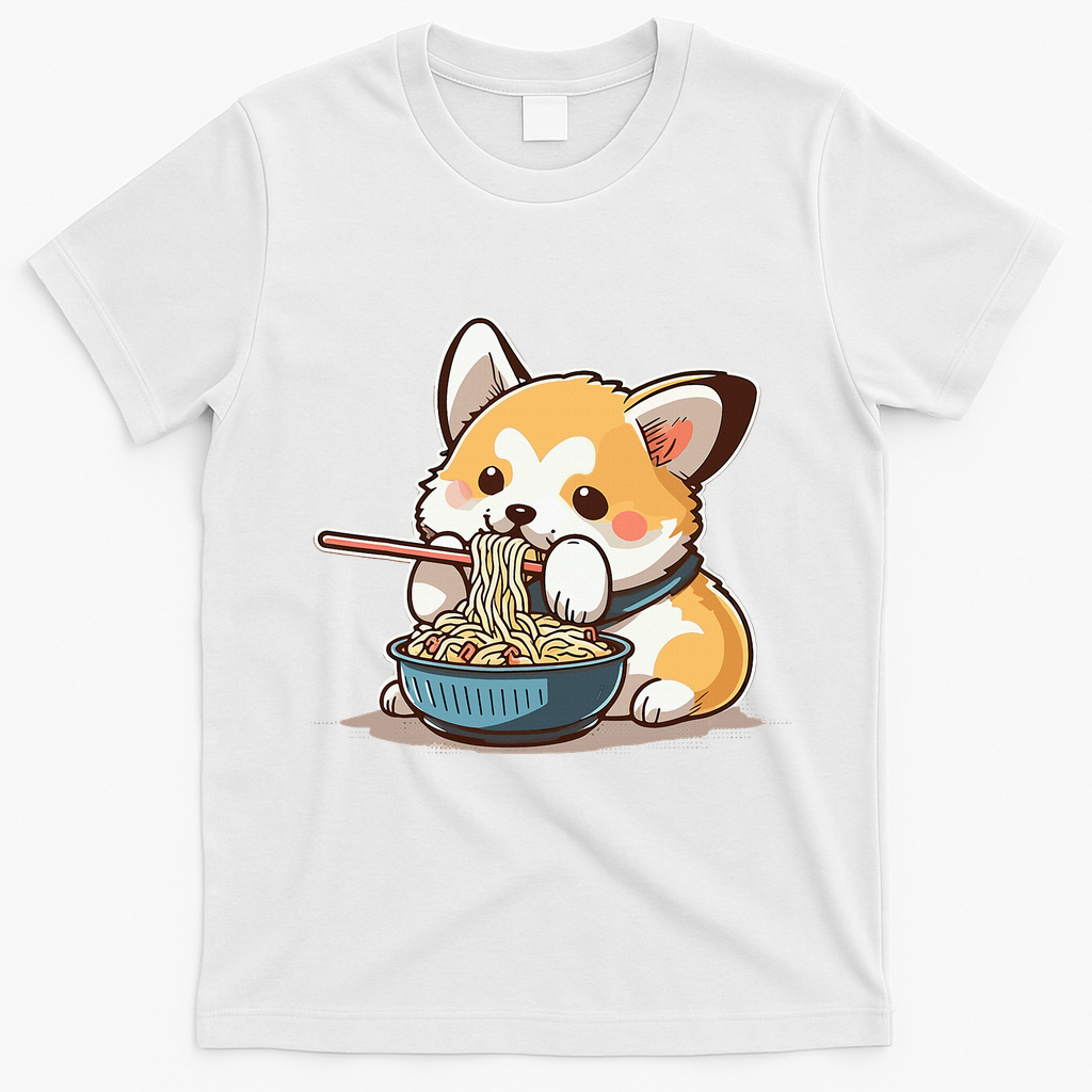 Chubby Corgi Dog Anime Eating Ramen Cute T-Shirt - White