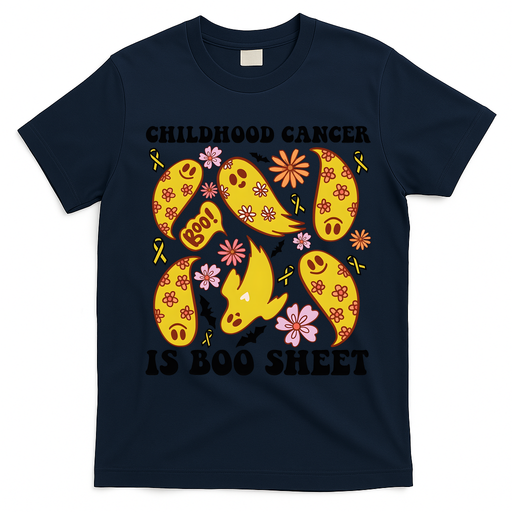 Childhood Cancer Is Boo Sheet Cancer Awareness Month Halloween T-Shirt - Navy Blue